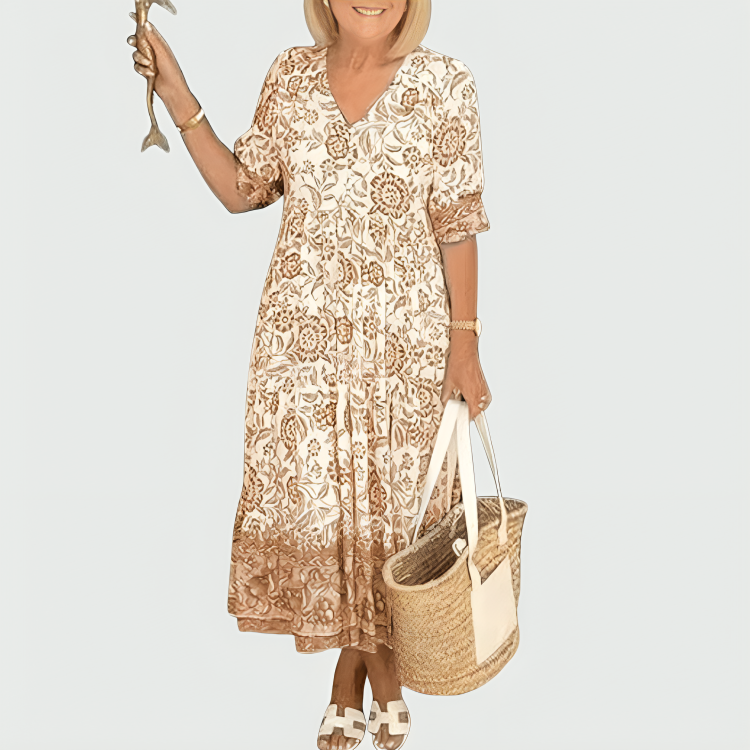 Constance | Vestido midi con estampado floral en el borde y bajo escalonado