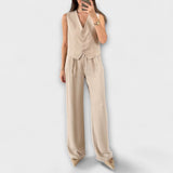 Hazel - Conjunto de dos piezas de chaleco y pantalón liso de cuello en V elegante