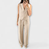 Hazel - Conjunto de dos piezas de chaleco y pantalón liso de cuello en V elegante