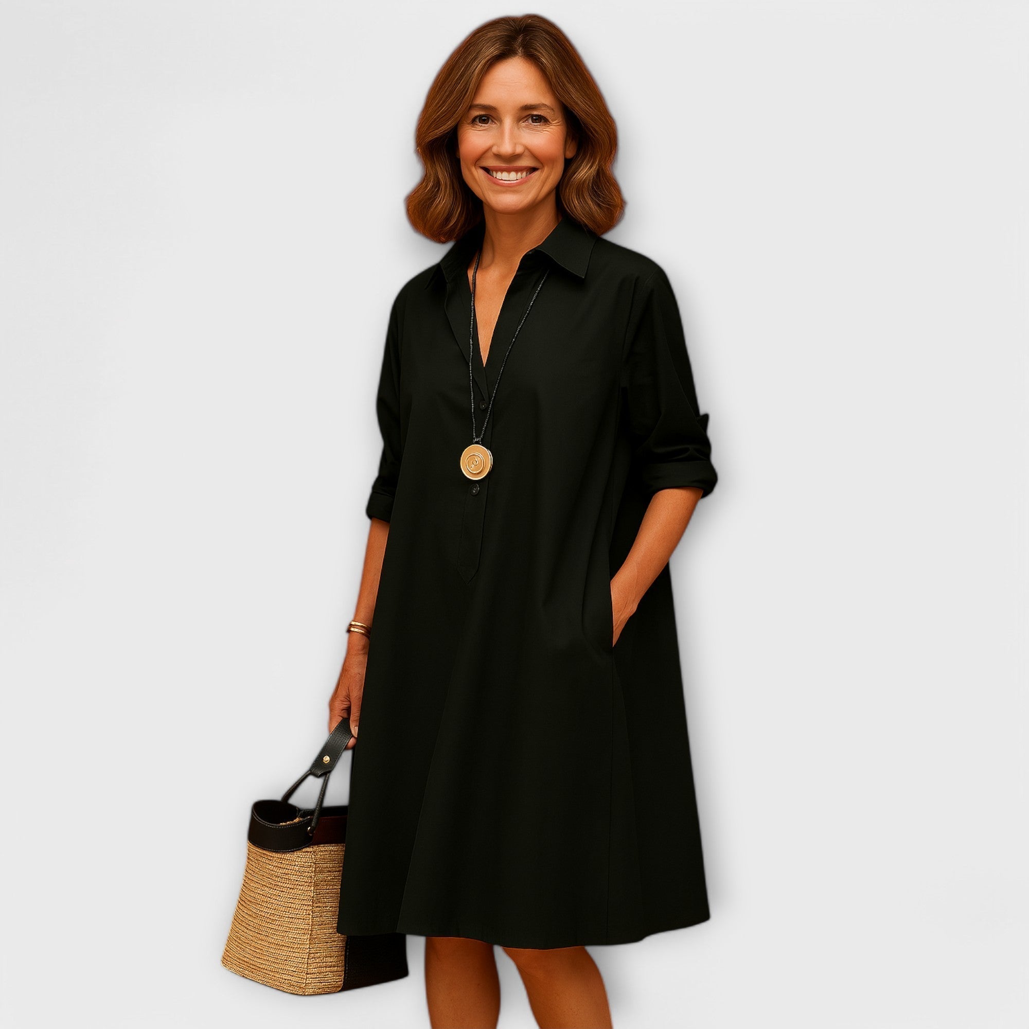 Vestido Camisero Moderno con Cuello y Mangas Tres Cuartos