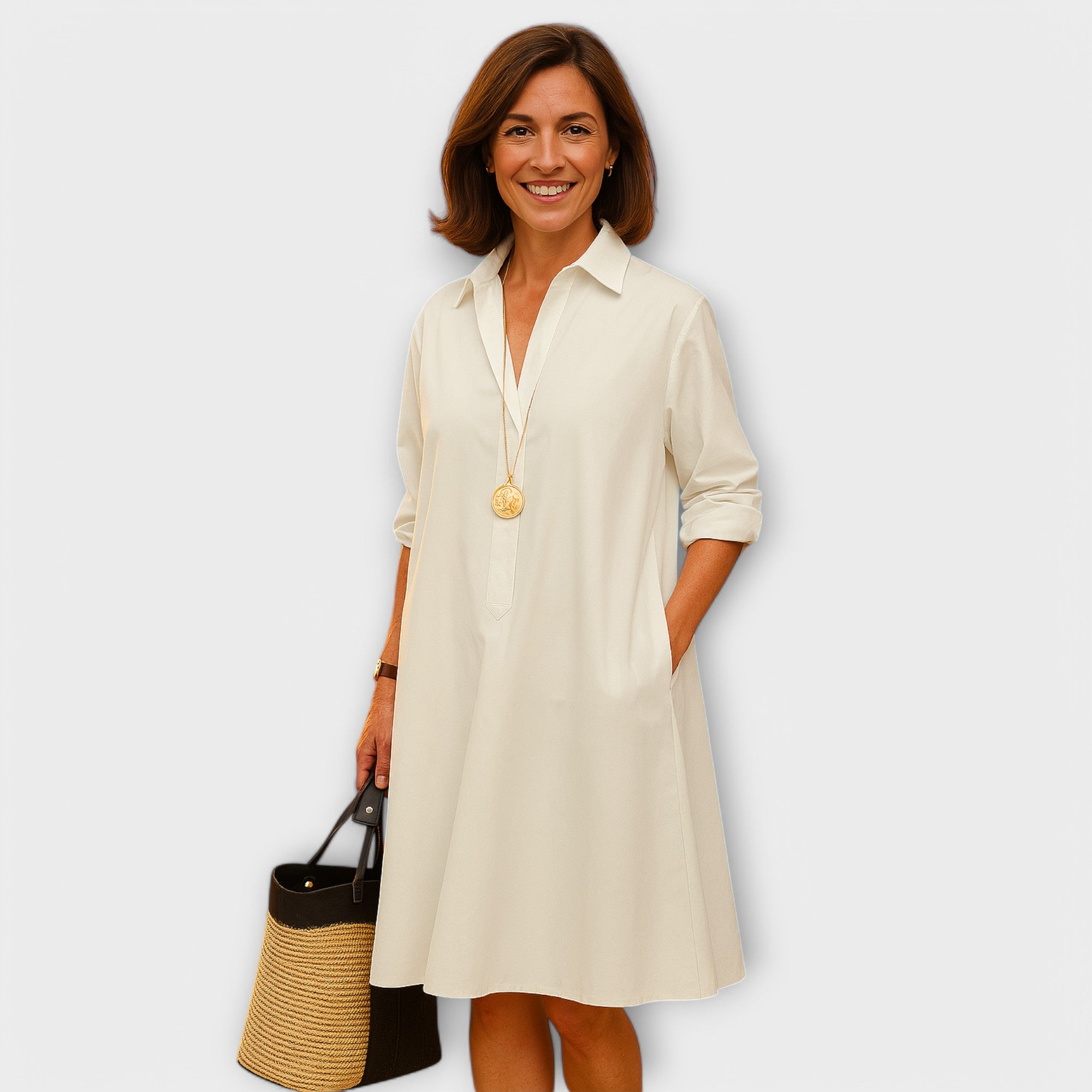Vestido Camisero Moderno con Cuello y Mangas Tres Cuartos