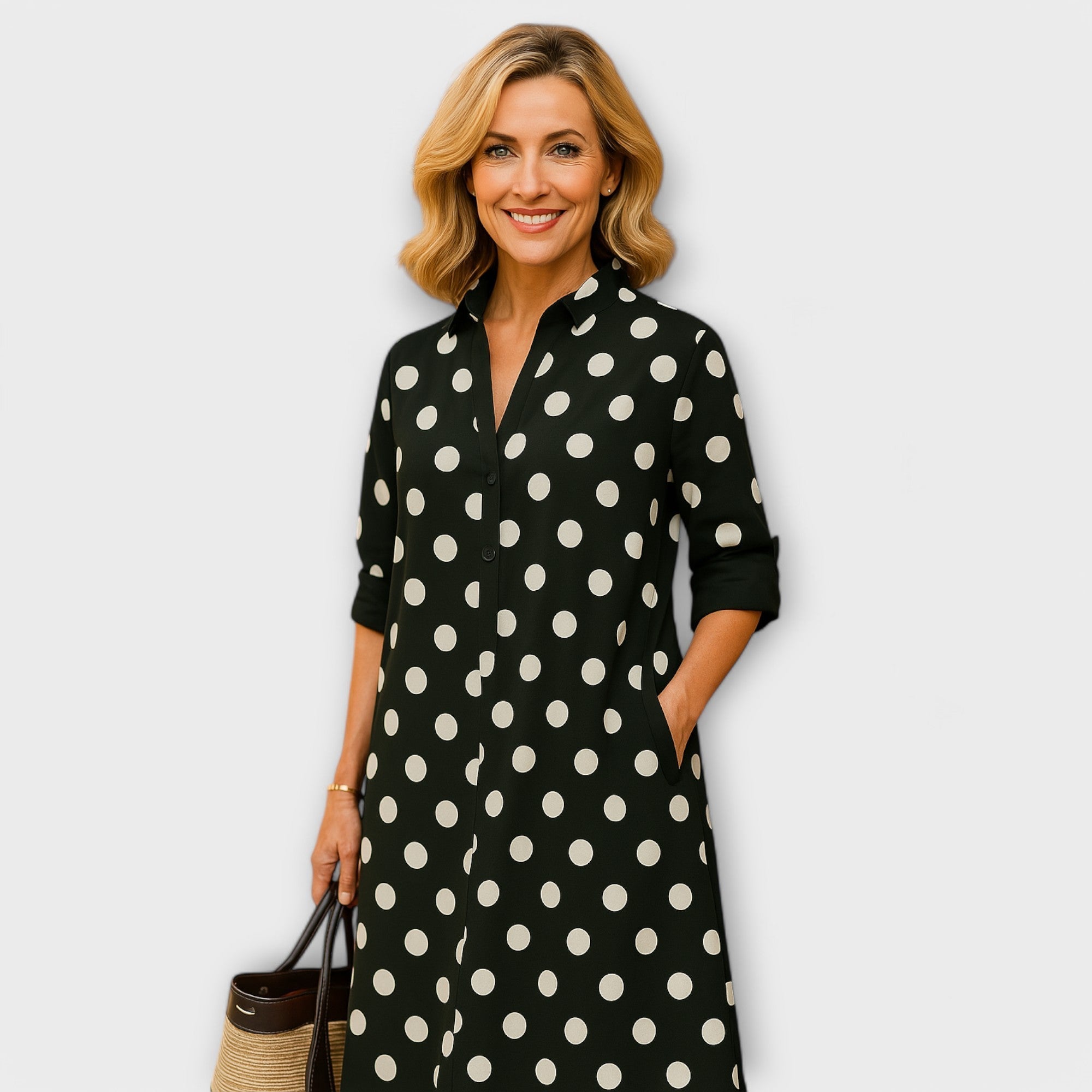 Vestido Camisero Moderno con Cuello y Mangas Tres Cuartos