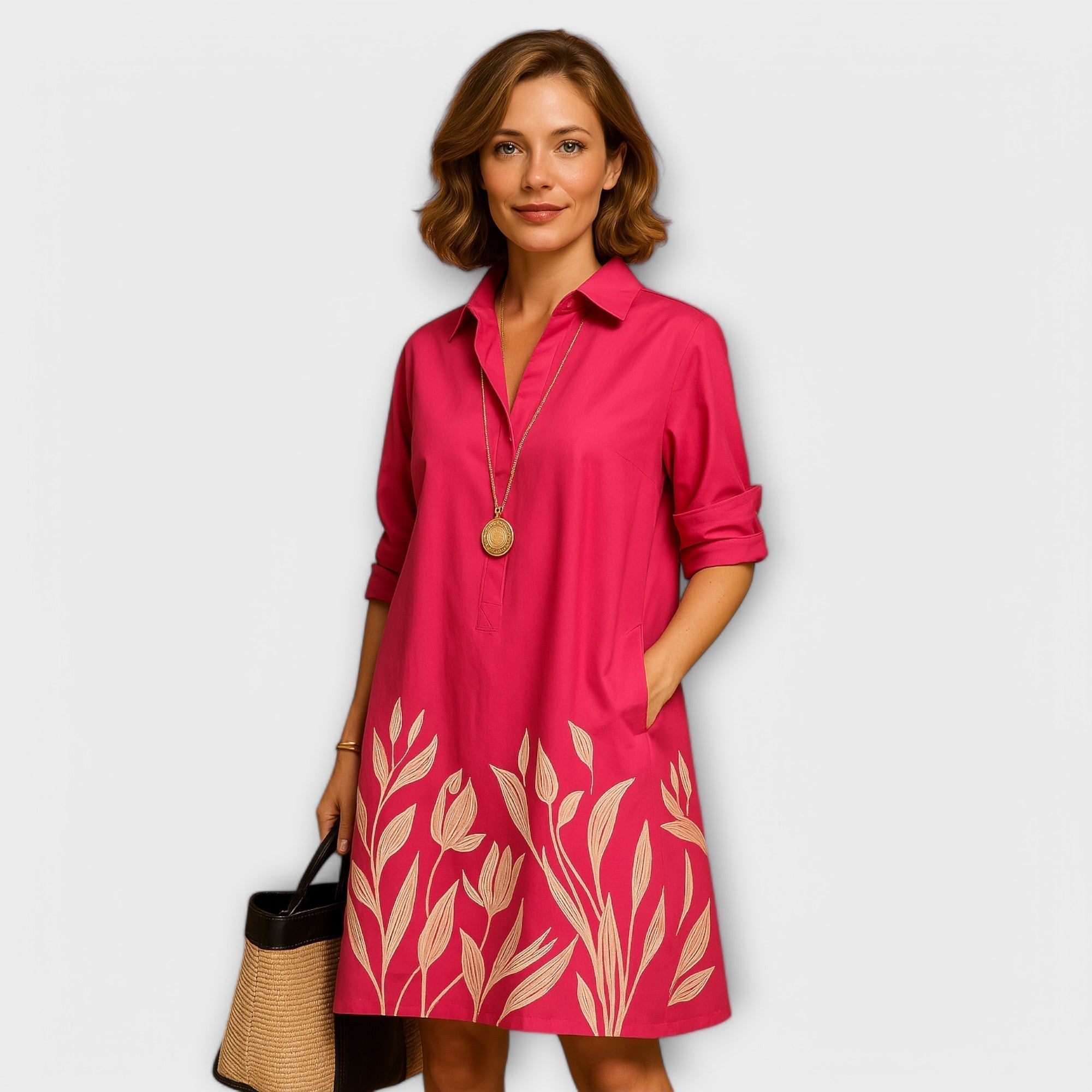 Vestido Camisero Moderno con Cuello y Mangas Tres Cuartos