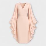 Rachel - Vestido midi rosa claro con cuello en V y mangas de gasa