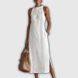 Jimena | Vestido Midi de Lino y Algodón con Cuello Mao