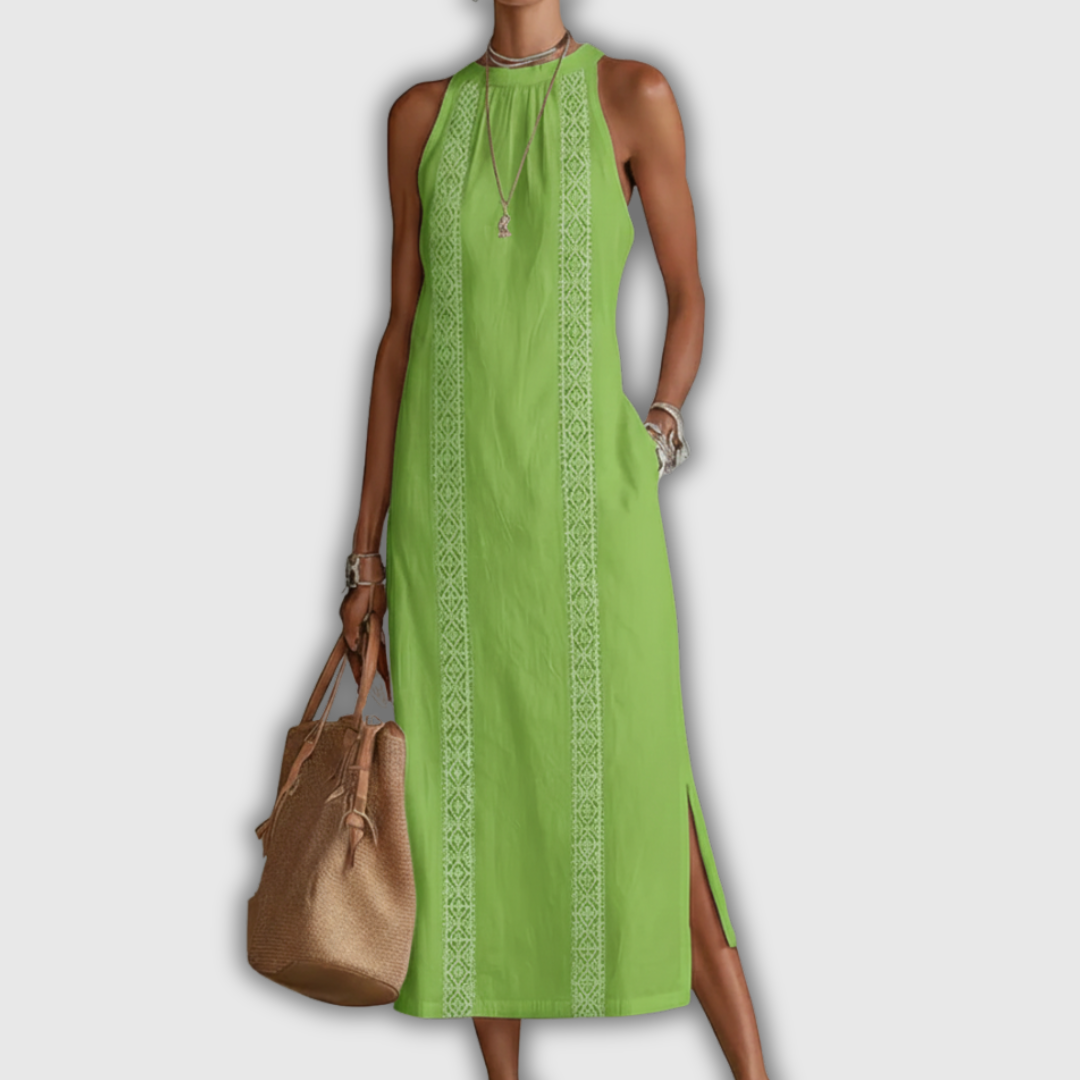 Jimena | Vestido Midi de Lino y Algodón con Cuello Mao