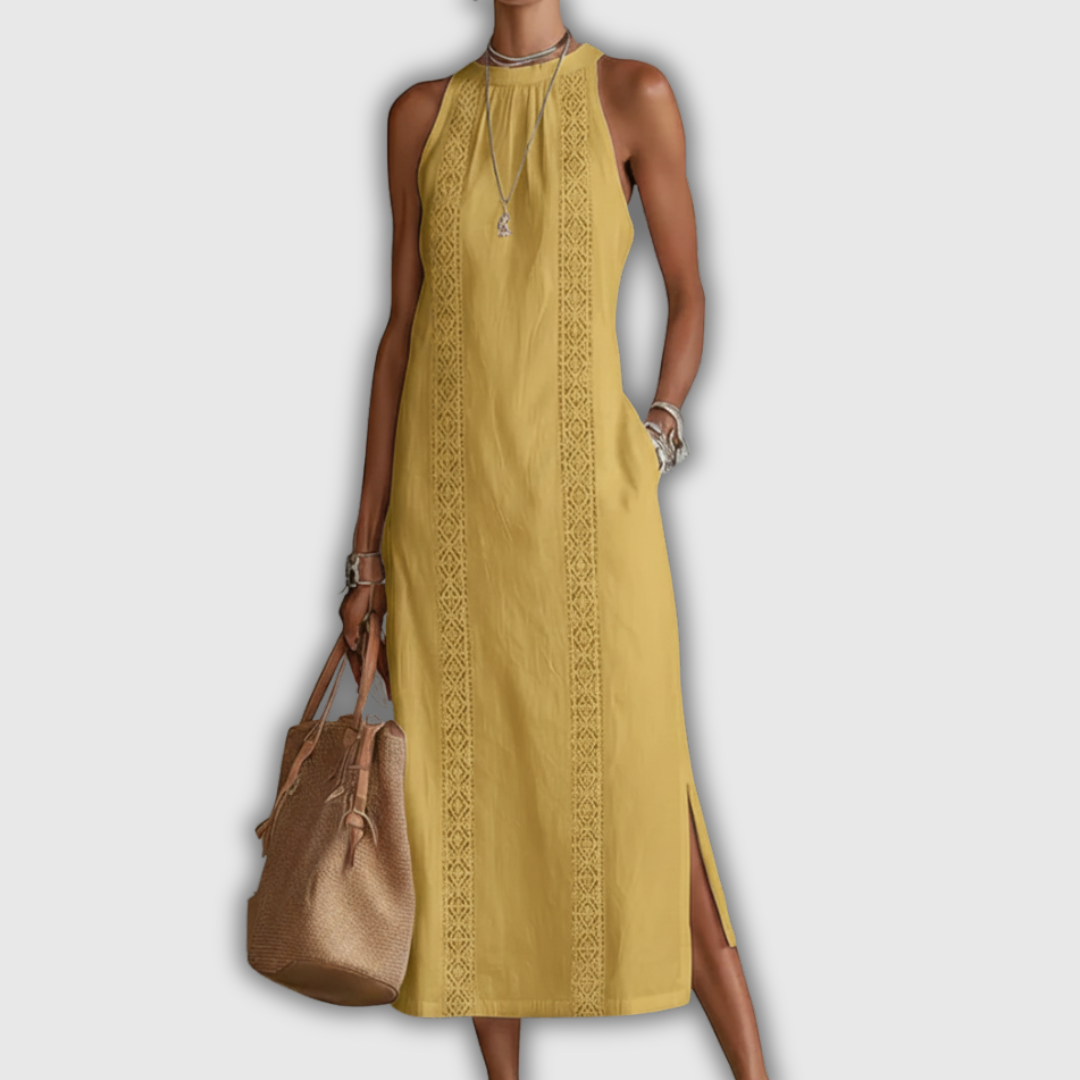 Jimena | Vestido Midi de Lino y Algodón con Cuello Mao