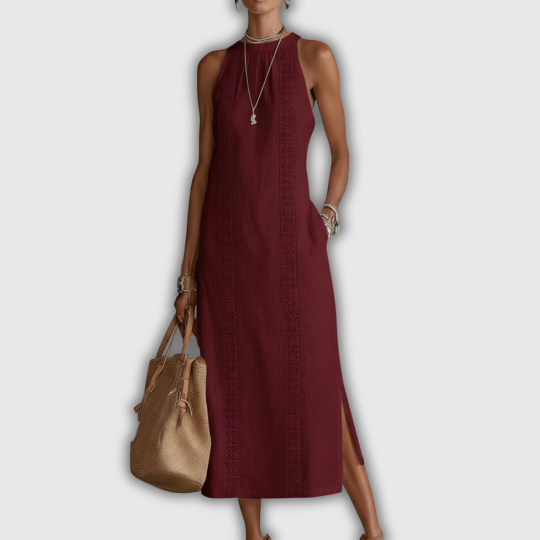 Jimena | Vestido Midi de Lino y Algodón con Cuello Mao