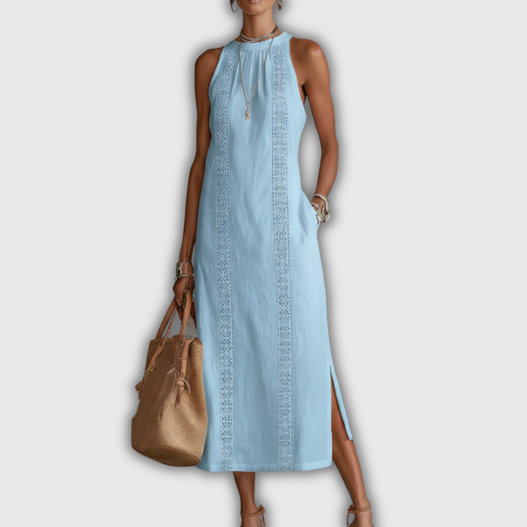Jimena | Vestido Midi de Lino y Algodón con Cuello Mao