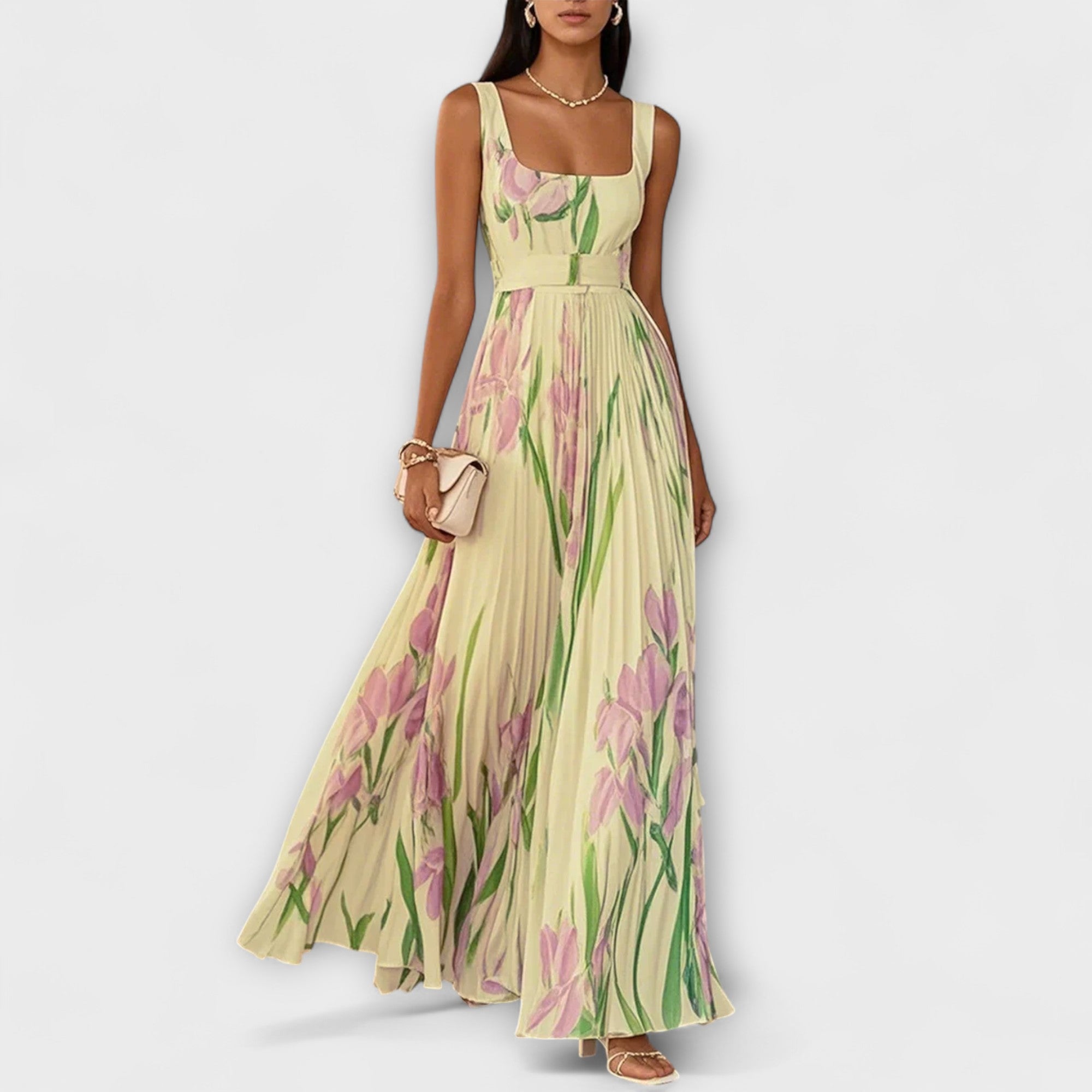 Rosalind | Vestido largo de gasa floral plisado con cinturón a la cintura