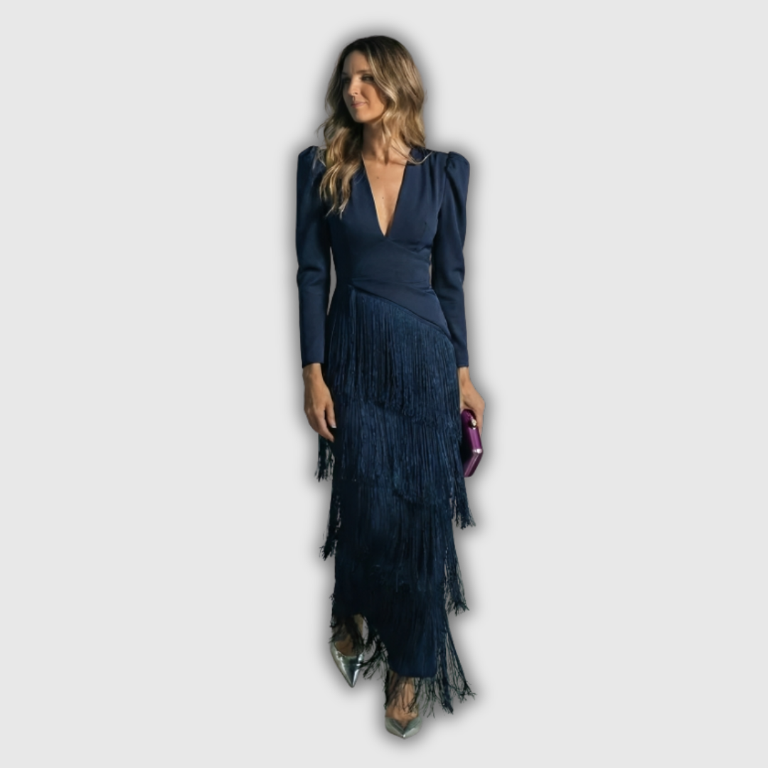 Clara | Vestido largo con flecos de manga larga elegante