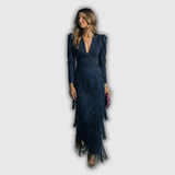Clara | Vestido largo con flecos de manga larga elegante