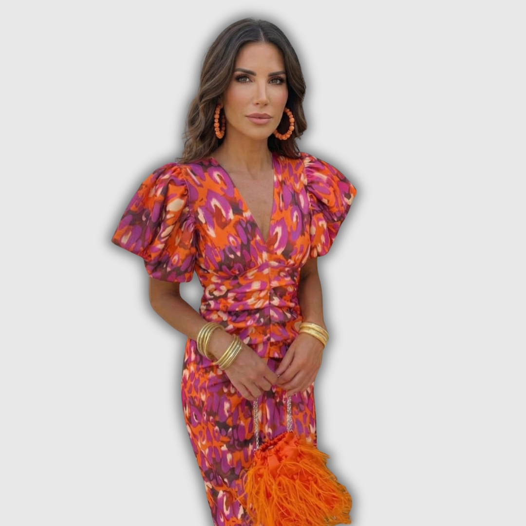 Vera | Vestido midi cruzado floral con mangas abullonadas