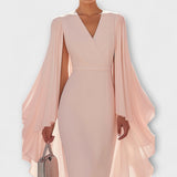 Rachel - Vestido midi rosa claro con cuello en V y mangas de gasa