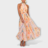 Vestido largo tipo halter con estampado de acuarela