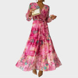 Fiona | Maxi vestido cruzado para mujer con estampado floral y manga larga