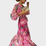 Fiona | Maxi vestido cruzado para mujer con estampado floral y manga larga