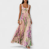 Rosalind | Vestido largo de gasa floral plisado con cinturón a la cintura