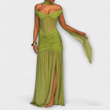 Nicole - Vestido largo verde oliva con cuello en V