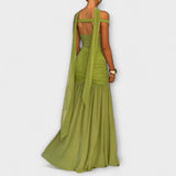 Nicole - Vestido largo verde oliva con cuello en V