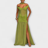 Nicole - Vestido largo verde oliva con cuello en V