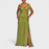 Nicole - Vestido largo verde oliva con cuello en V