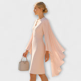 Rachel - Vestido midi rosa claro con cuello en V y mangas de gasa