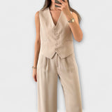 Hazel - Conjunto de dos piezas de chaleco y pantalón liso de cuello en V elegante