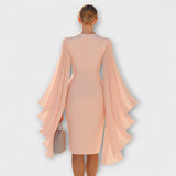 Rachel - Vestido midi rosa claro con cuello en V y mangas de gasa