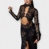 Azalea - Vestido largo elástico de manga larga con aberturas transparentes Midnight Elegance
