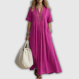 Elowen | Vestido maxi de lino con escote en V y pliegues