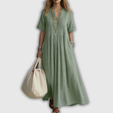 Elowen | Vestido maxi de lino con escote en V y pliegues