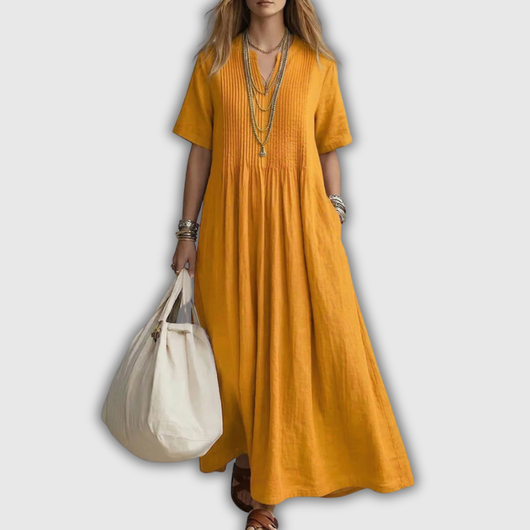 Elowen | Vestido maxi de lino con escote en V y pliegues