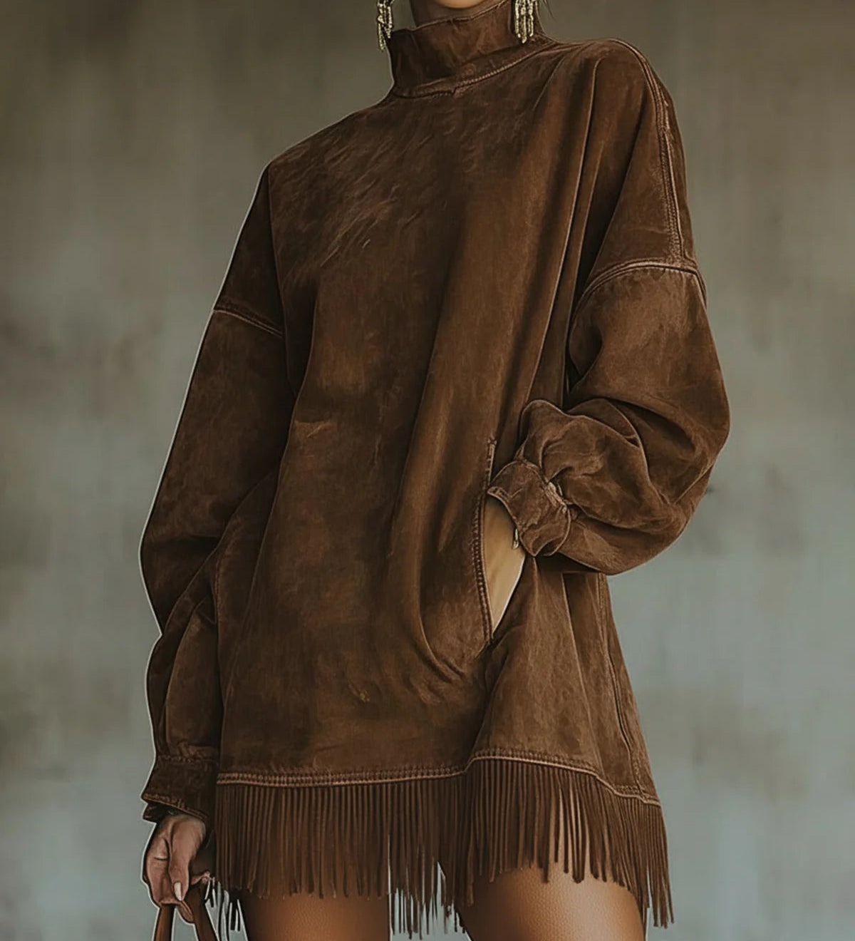 Savana Fringe™ | Minivestido de cuello alto de ante vintage