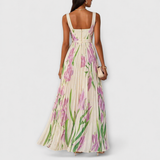 Rosalind | Vestido largo de gasa floral plisado con cinturón a la cintura