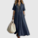 Elowen | Vestido maxi de lino con escote en V y pliegues