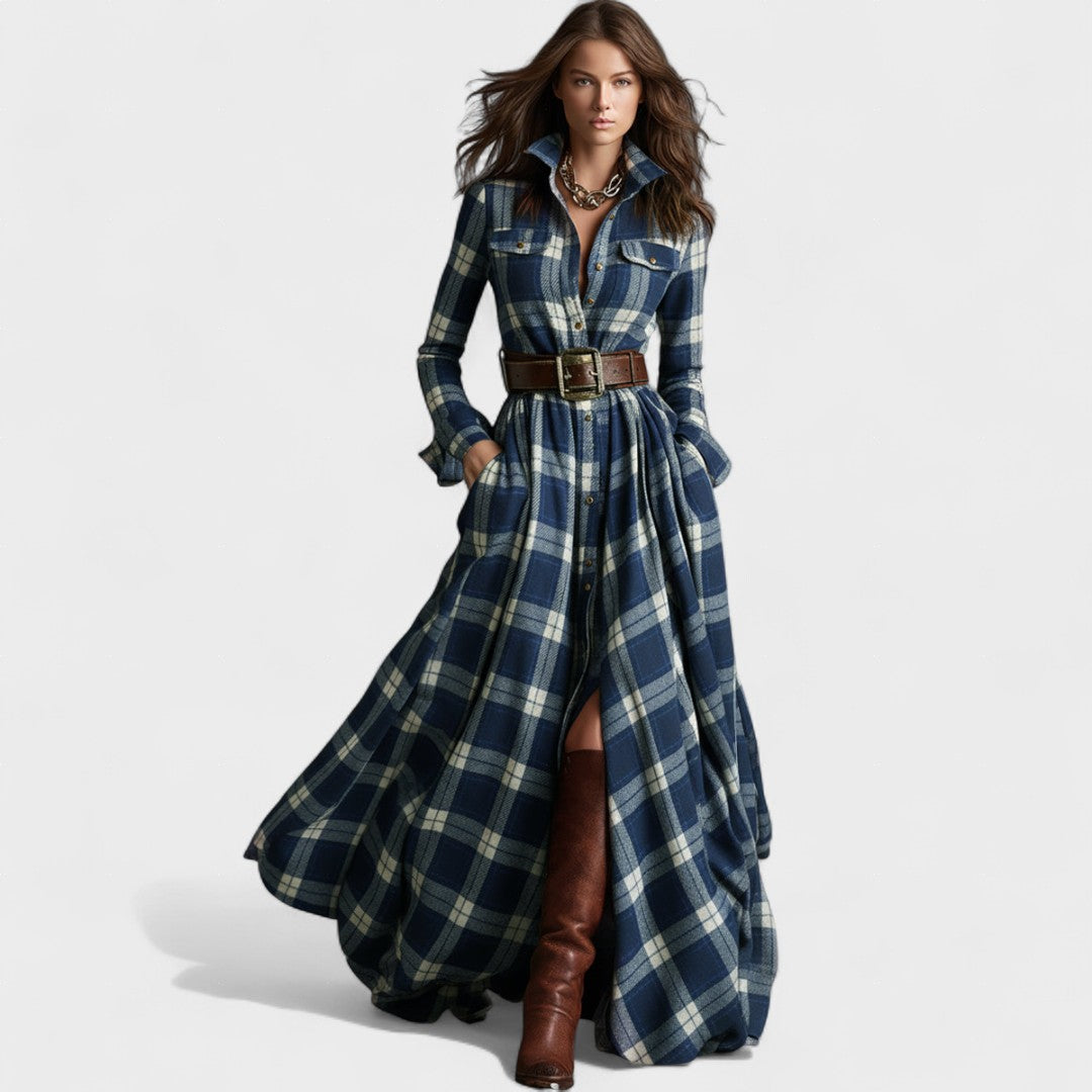 Clara | Maxivestido con cinturón y estampado tartán