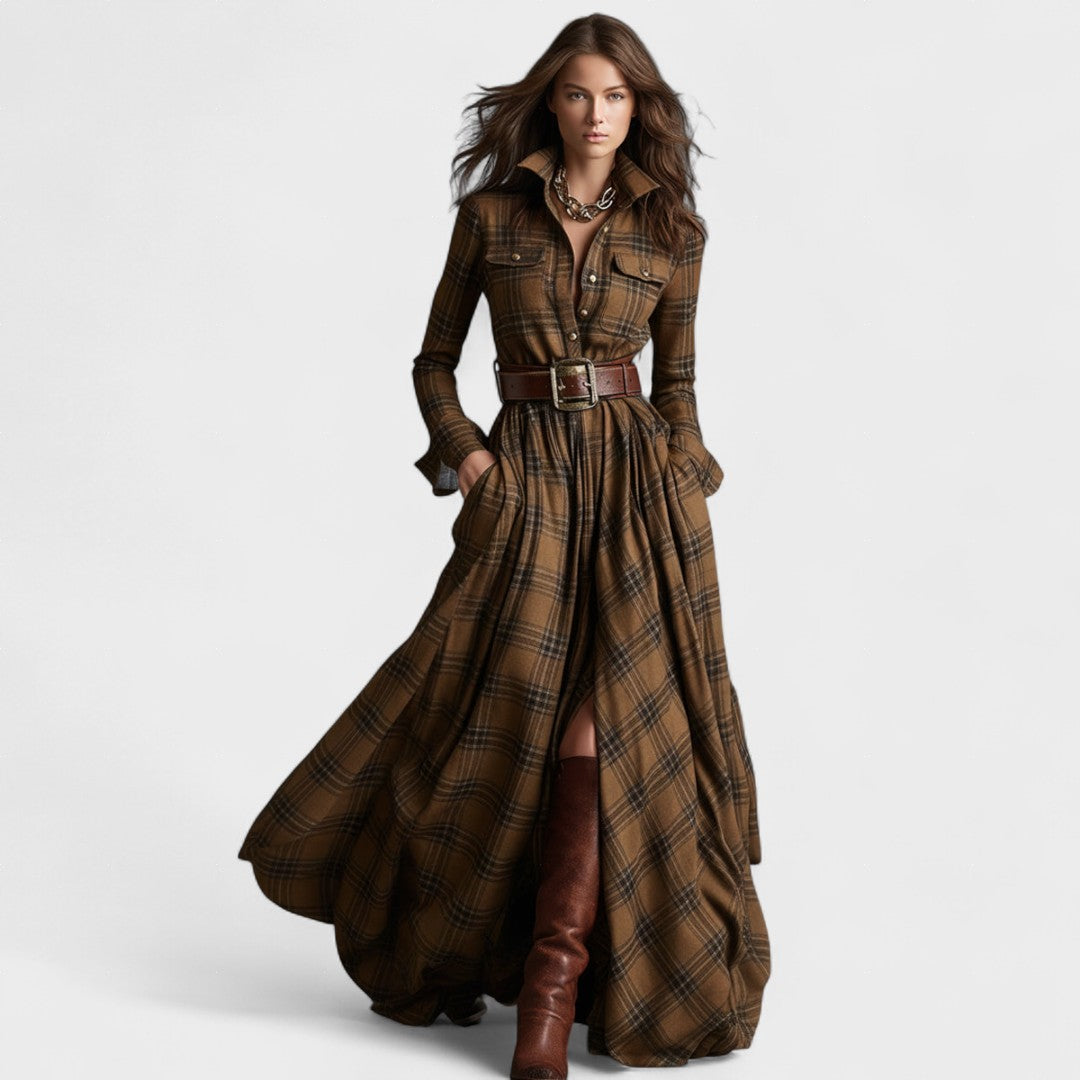 Clara | Maxivestido con cinturón y estampado tartán