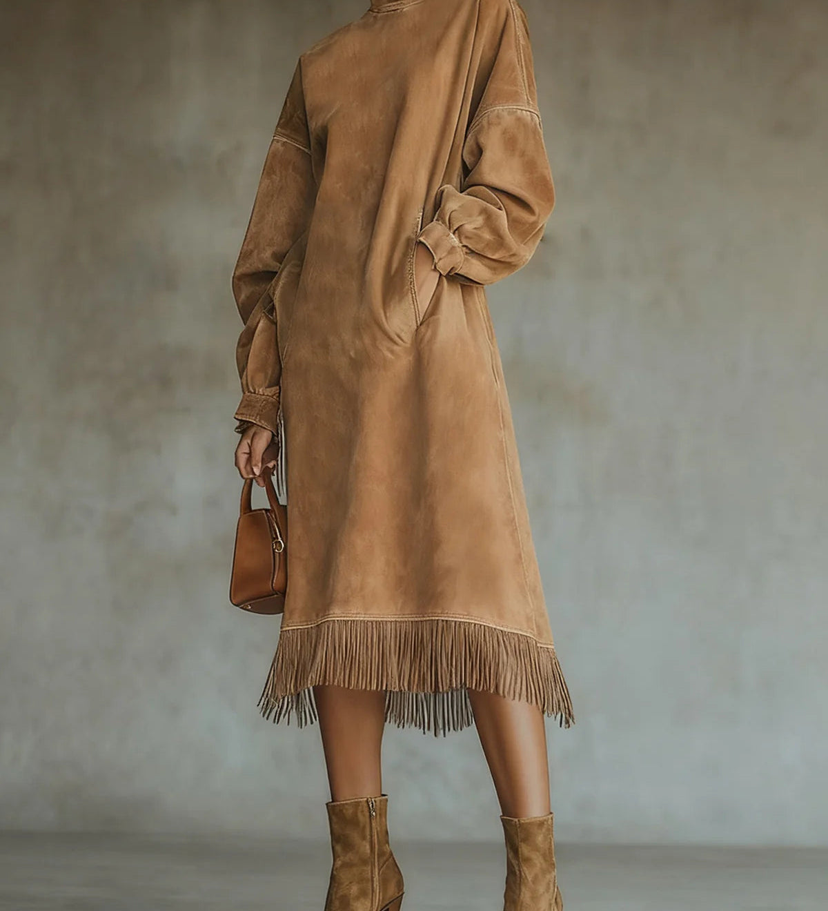 Aurelia Fringe™ | Vestido midi de cuello alto de ante vintage