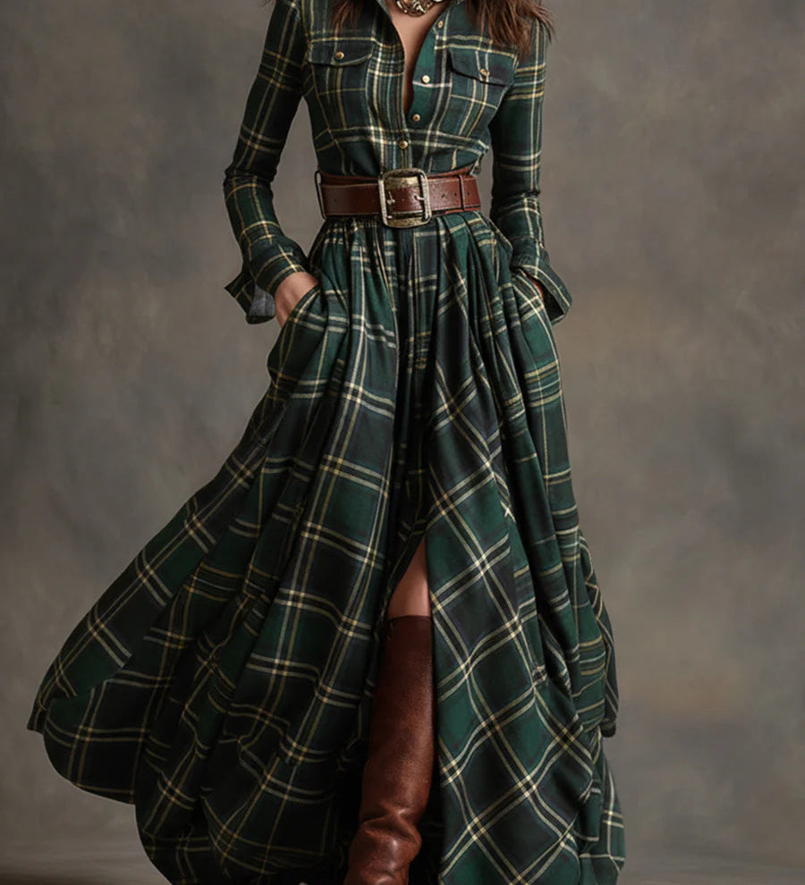 Highland Muse™ | Vestido Maxi a Cuadros Vintage
