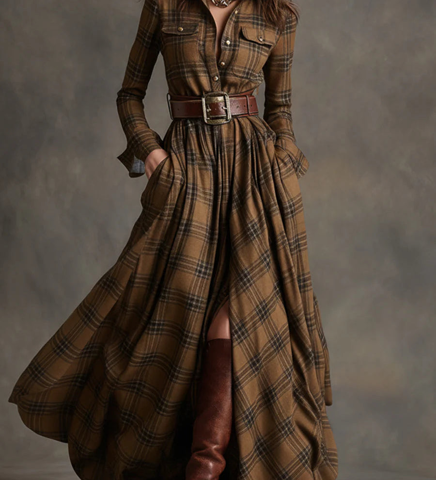 Highland Muse™ | Vestido Maxi a Cuadros Vintage