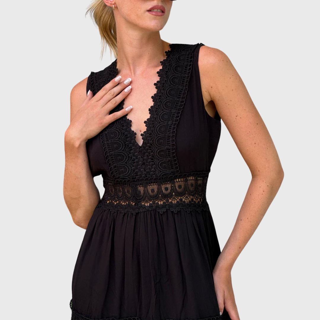 Ninfea | Vestido Midi Sin Mangas Estilo Boho con Detalles de Encaje
