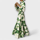 Melina - Vestido largo verde con mangas largas y escote en pico