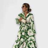 Melina - Vestido largo verde con mangas largas y escote en pico