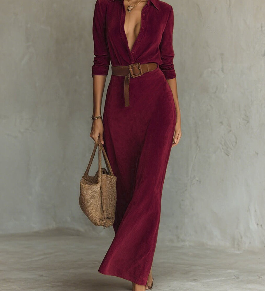 Solaire Suede™ | Elegante maxivestido camisero vintage