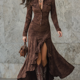 Vestido maxi sable con bajo de volantes y corte occidental