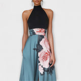 Natalie - Vestido largo evasé floral sin mangas con cuello redondo