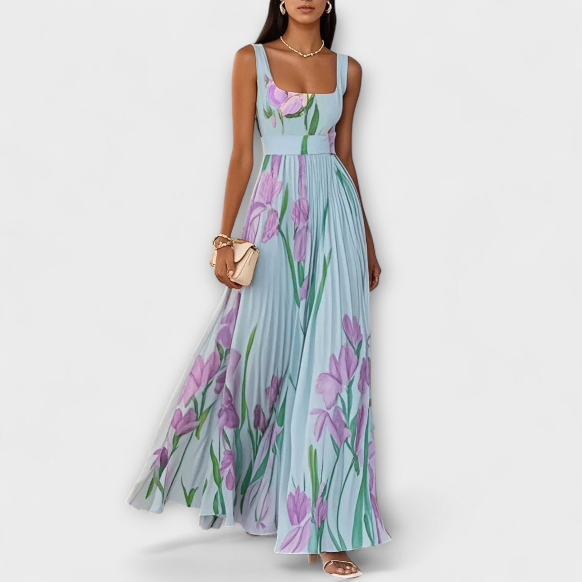 Rosalind | Vestido largo de gasa floral plisado con cinturón a la cintura
