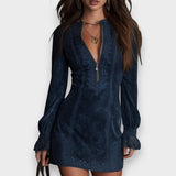 Jane | Minivestido de gamuza azul con encaje