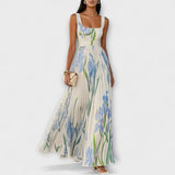 Rosalind | Vestido largo de gasa floral plisado con cinturón a la cintura
